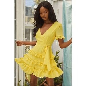 Lulus Shake It Up Bright Yellow Tiered Ruffle Mini Dress XS New With Tags